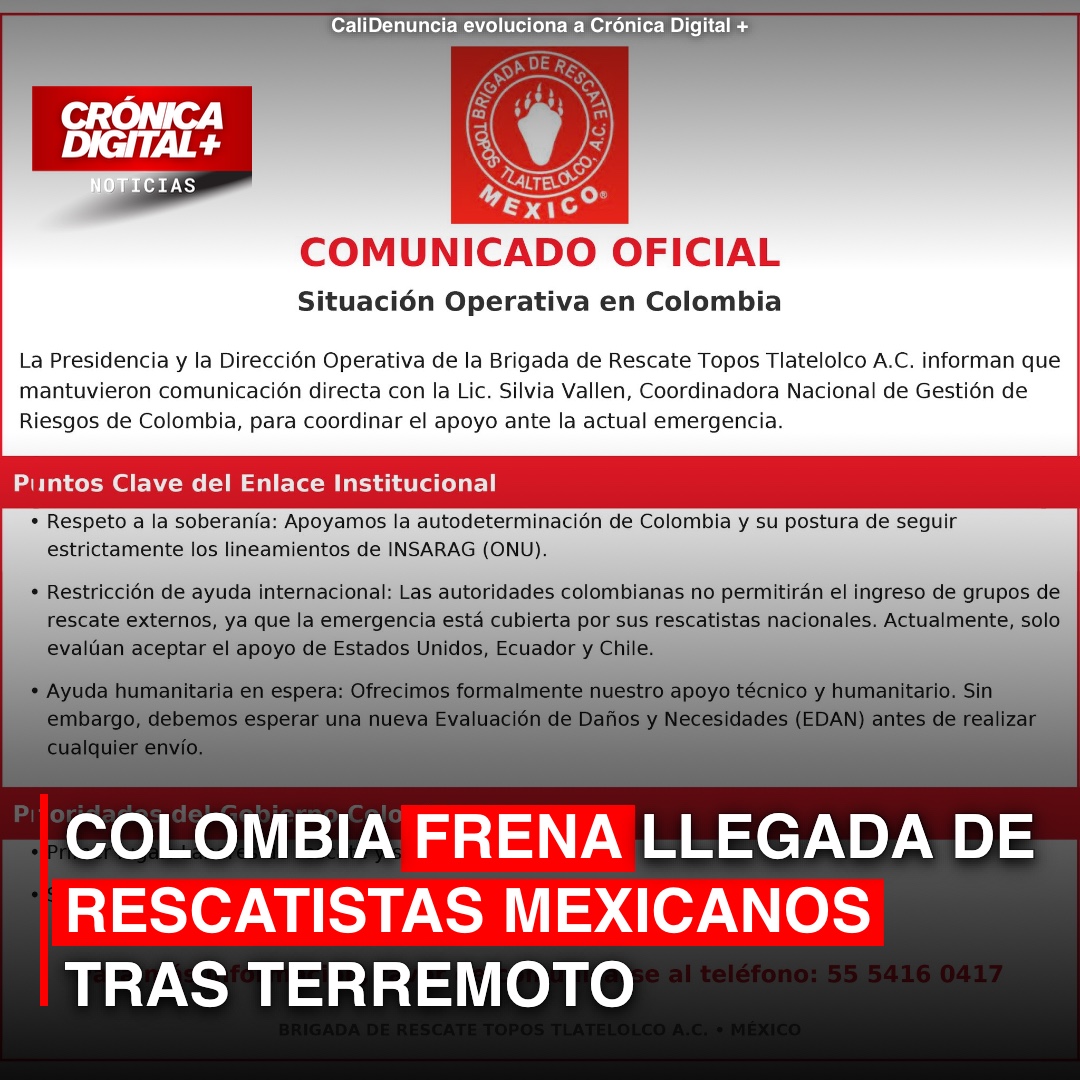 Colombia restringe ingreso de rescatistas externos ante terremoto