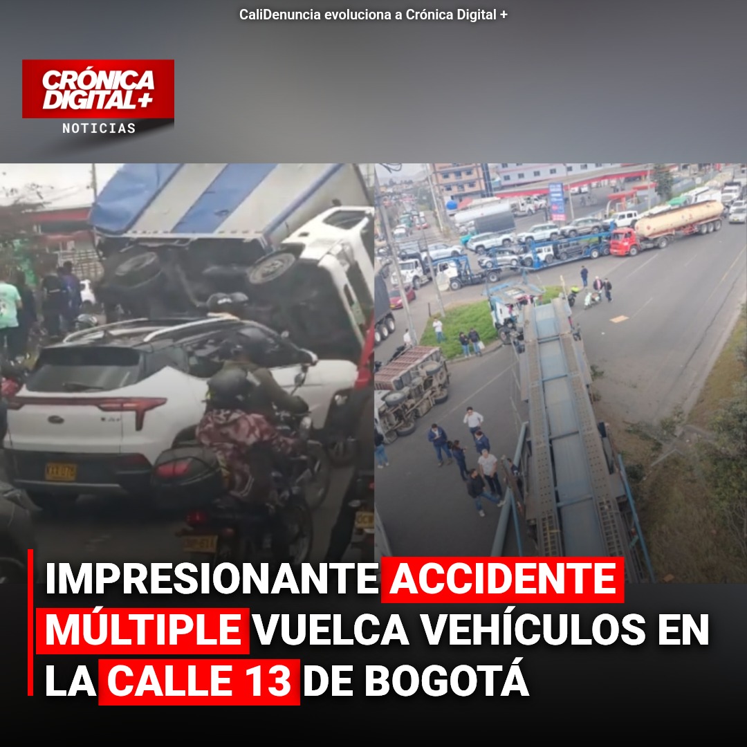 Accidente múltiple bloquea Calle 13 en Bogotá: vehículos volcados