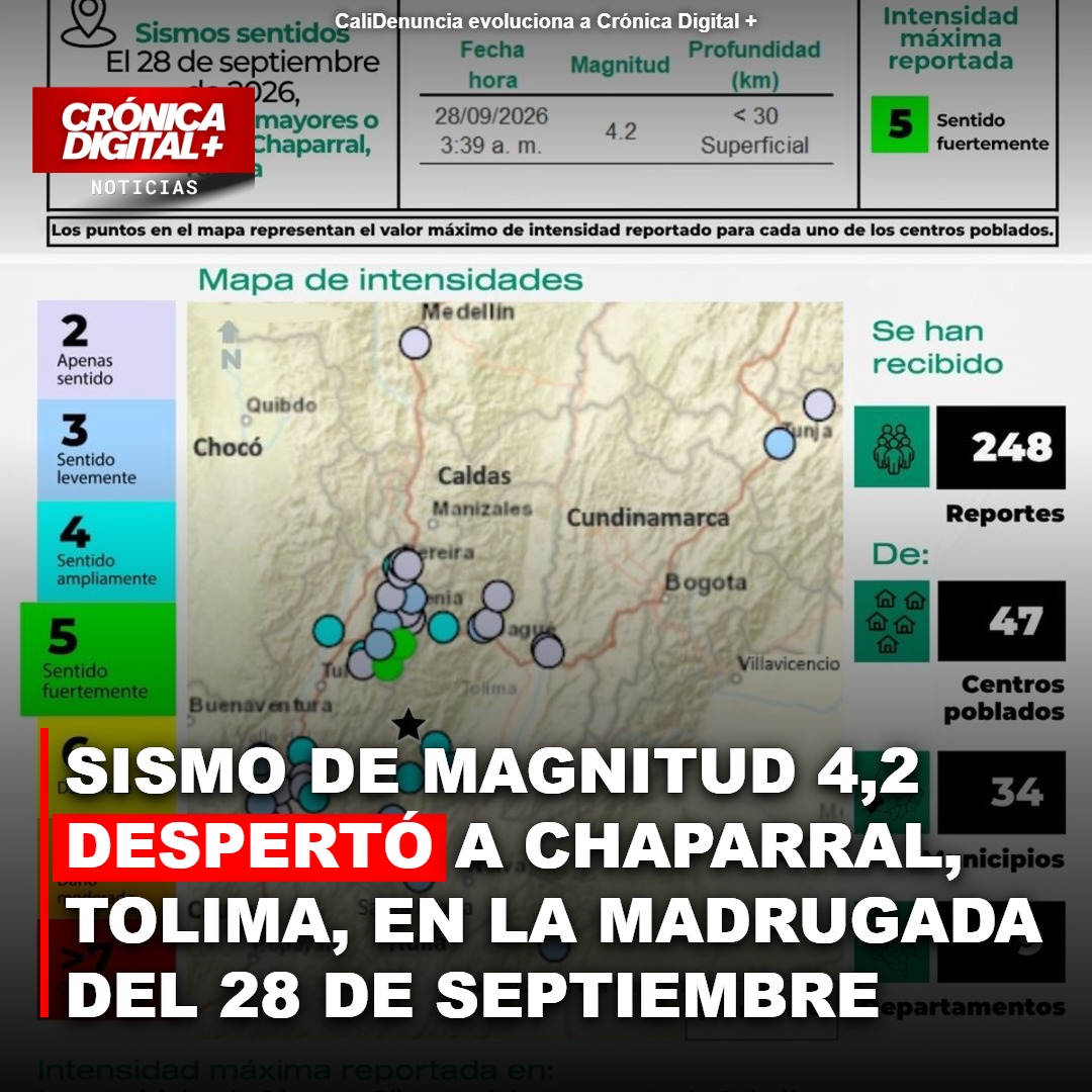 Sismo de magnitud 4,2 despertó a Chaparral, Tolima, en la madrugada del 28 de septiembre