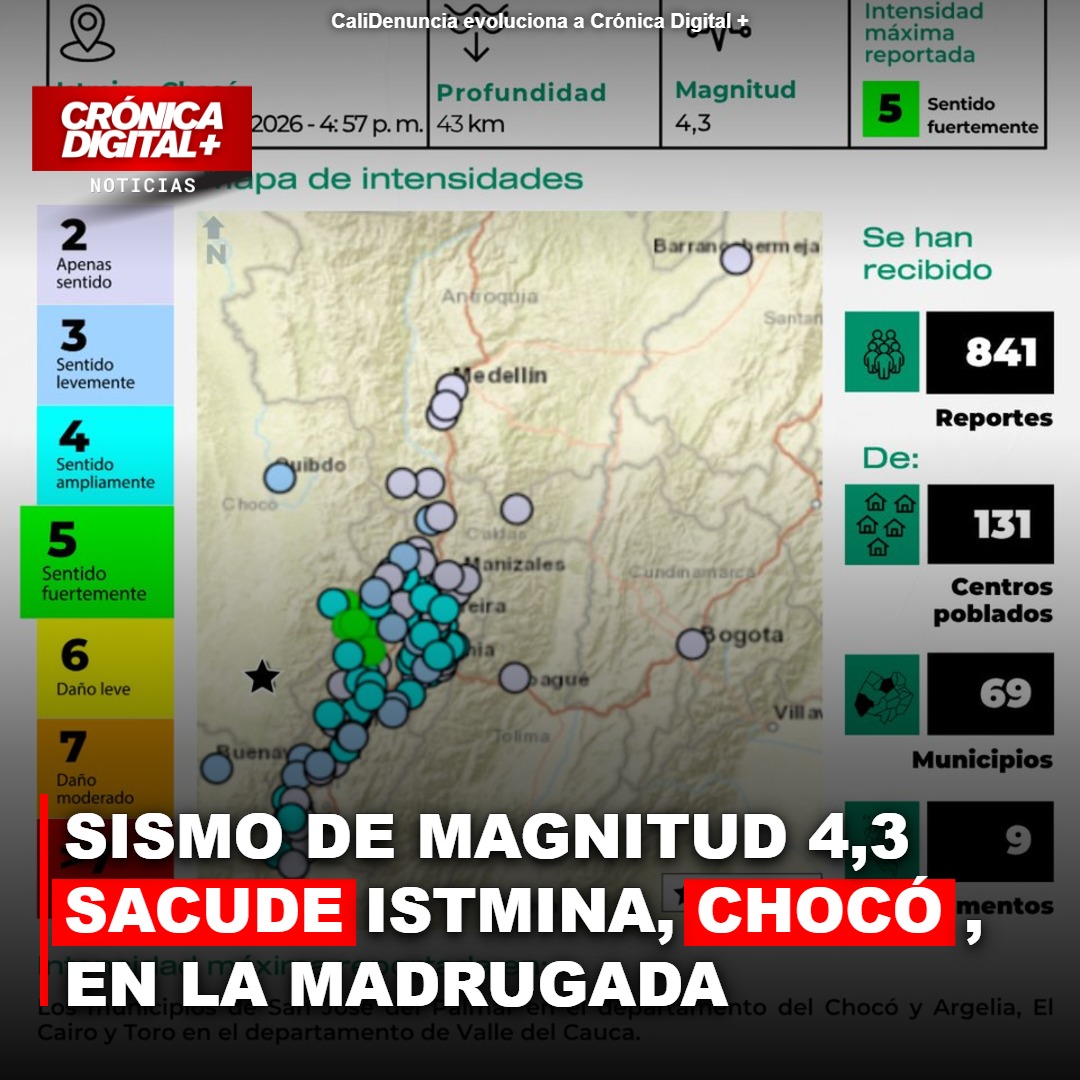 Sismo de magnitud 4,3 sacude Istmina, Chocó, en la madrugada