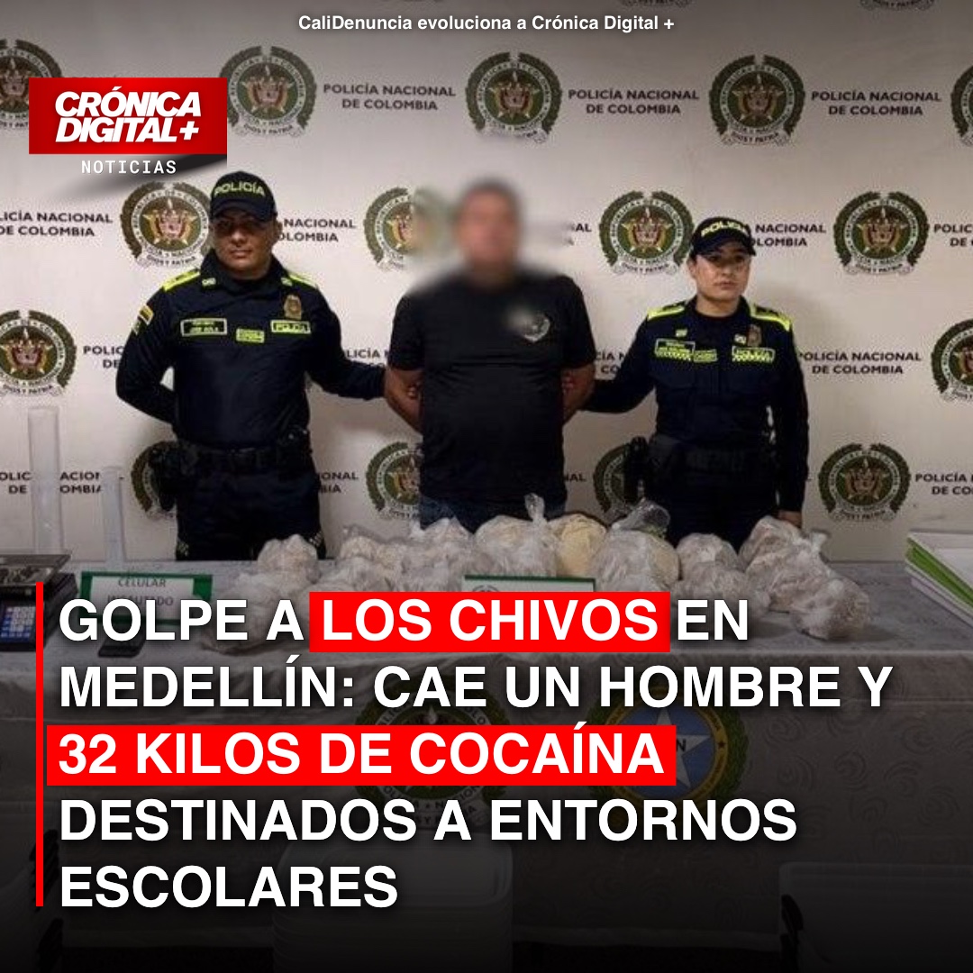 Golpe a los Chivos en Medellín: cae un hombre y 32 kilos de cocaína destinados a entornos escolares